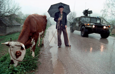 Paysan bosniaque au passage d'un blindé américain près de Tuzia (Bosnie)