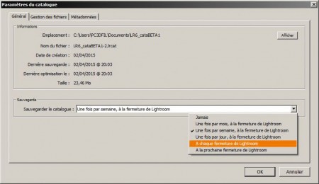 Paramétrer le catalogue d'Adobe Lightroom - sauvegarder