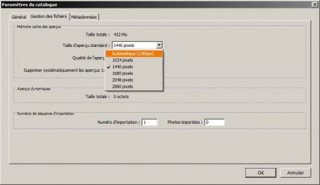 Paramétrer le catalogue d'Adobe Lightroom - taille des aperçus
